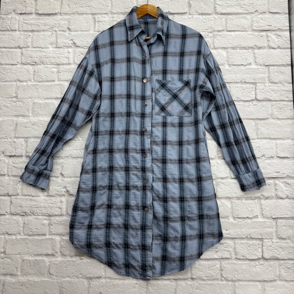 Cut Loose Linen Blend Plaid Tunic Shirt Dress, S, Crinkle Plaid, USA Made
